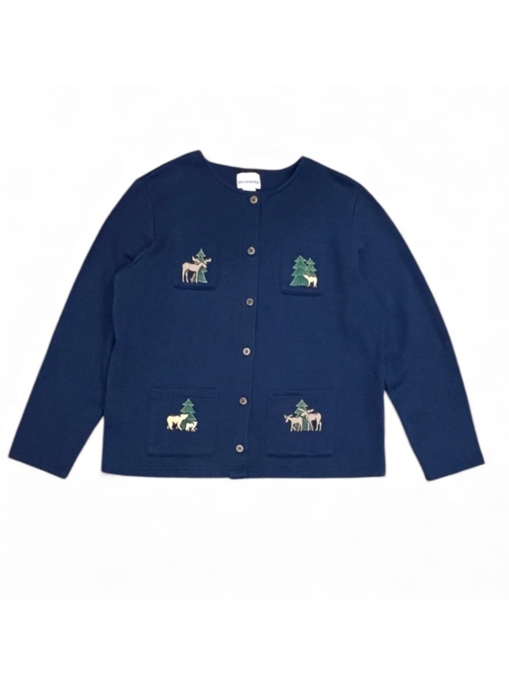 Vintage Breckenridge Navy Moose Bears Trees Buttoned Cardigan Size Large
